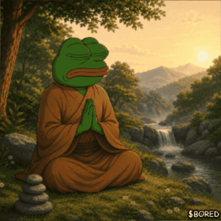 Pepe the Frog meditates in a scenic forest, looking bored.