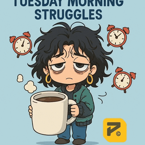 a cartoon of a woman holding a cup of coffee with the words tuesday morning struggles on the bottom