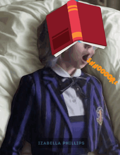 a girl with a red book on her head and the name izabella phillips on the bottom