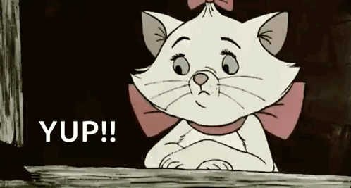 a cartoon cat with a pink bow is looking out of a window and says yup .