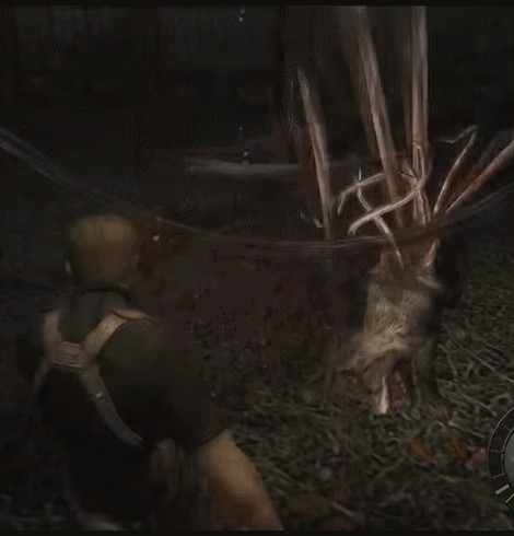 a man is fighting a monster in a video game with a compass in the background