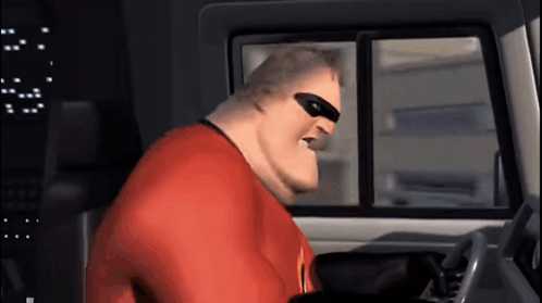 a cartoon character is sitting in the driver 's seat of a car and looking out the window .