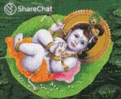a painting of a baby krishna laying on a green leaf .