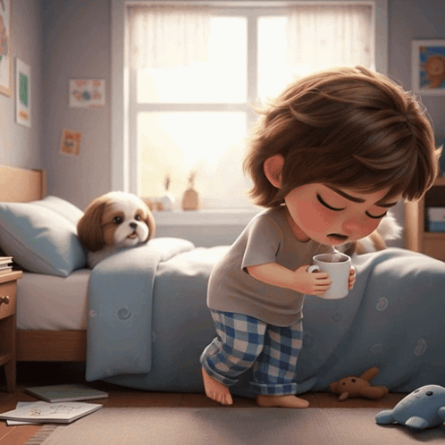 A sad animated child sits on the floor beside a small puppy in a sunlit room.