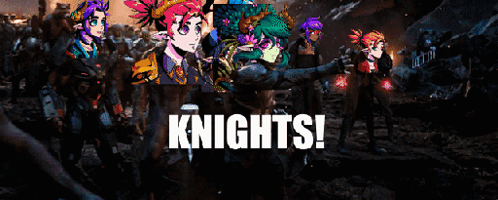 a group of knights standing next to each other in a dark room