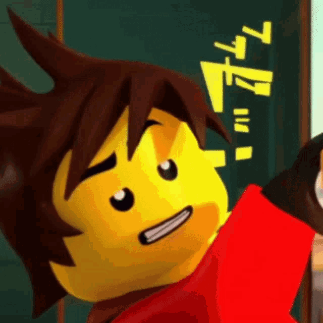 a close up of a lego character 's face with a shocked expression .