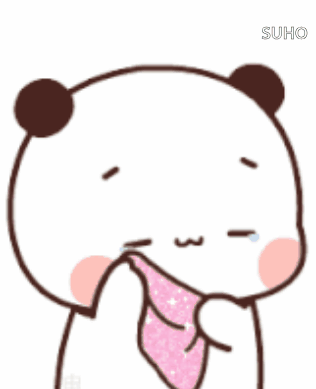 A panda-like cartoon character dabs tears with a pink handkerchief.