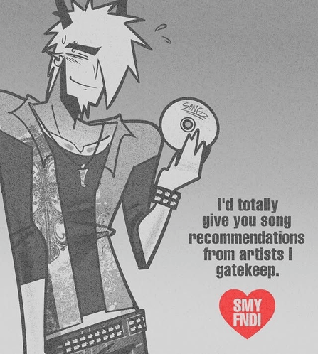 a black and white drawing of a man holding a cd with the words i 'd totally give you song recommendations