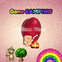a poster that says gone camping with a red egg