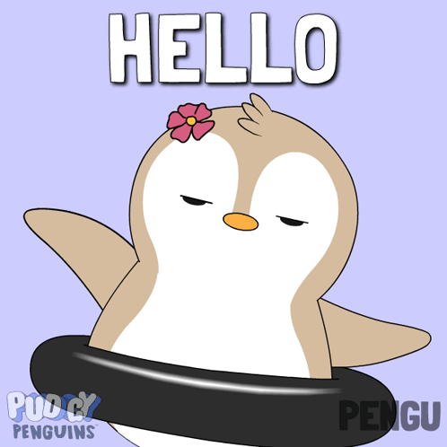 A cartoon penguin waves under a large “HELLO.”