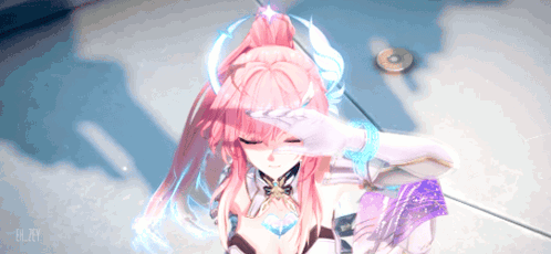 a girl with pink hair is wearing a white glove and covering her face with her hand
