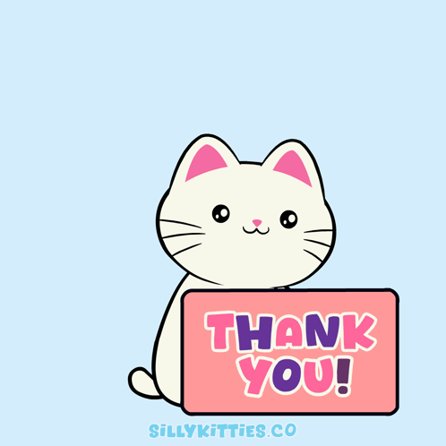 A small cartoon cat holds a pink “THANK YOU!” sign against a light blue background.