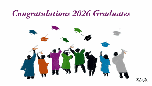 congratulations 2026 graduates with a group of people throwing their caps in the air