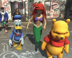 Costumed cartoon characters dance together in a graffiti-covered setting.