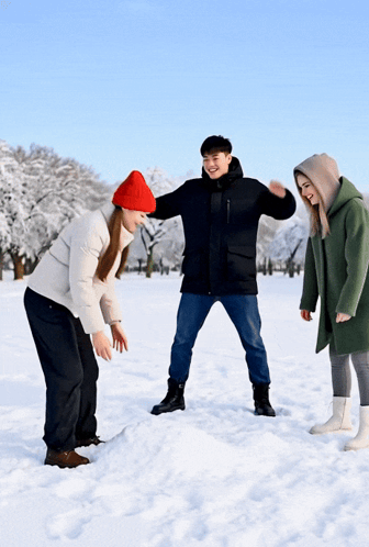 a group of people are playing in the snow and one of them has a red hat on