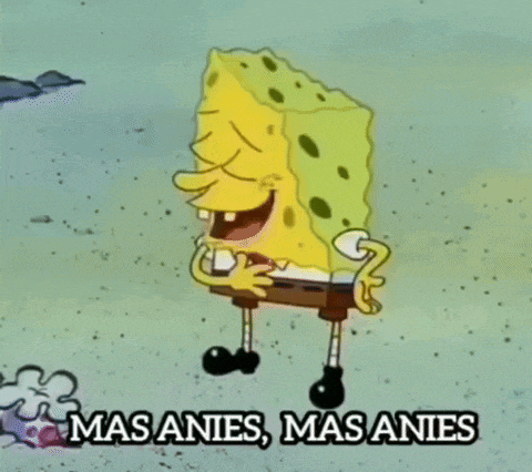 a cartoon of spongebob laughing with the words mas anies mas anies below him