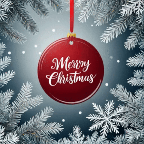 a merry christmas ornament hangs from a red ribbon