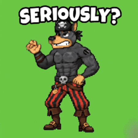 a pixel art illustration of a pirate with the words seriously written above him
