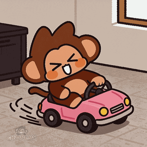 a cartoon of a monkey driving a pink toy car with the words chiwpers on the bottom