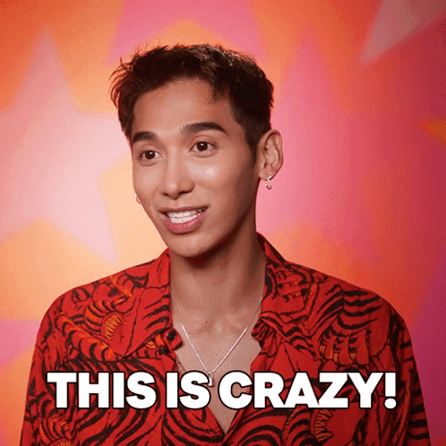 A performer in a red patterned outfit says “THIS IS CRAZY!”