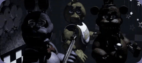 a group of five nights at freddy 's characters are standing next to each other in a room .