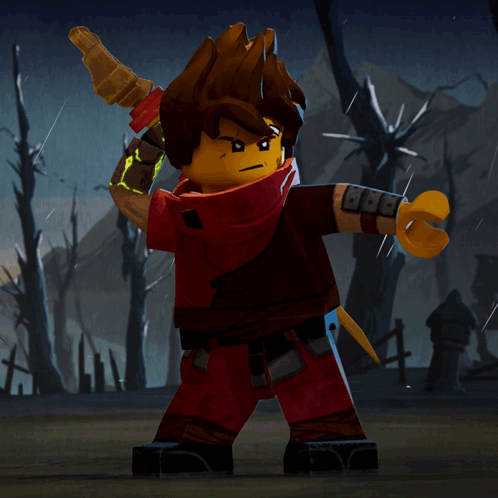 a lego character holding a sword stands next to a turtle