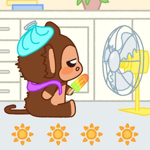 a cartoon of a monkey sitting in front of a fan holding a popsicle