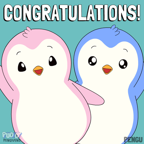 Two pastel cartoon penguins stand together beneath “CONGRATULATIONS!”
