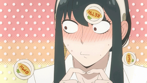 a girl with a sticker on her head that says " omu "
