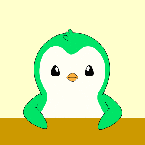 A green cartoon penguin leans forward on a golden surface.