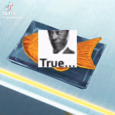 a picture of a fish on a plate with the word true on it .