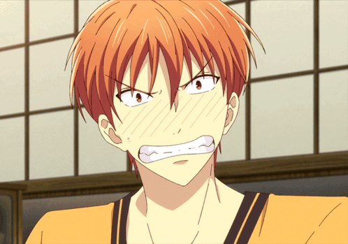a close up of an anime character with orange hair making a funny face