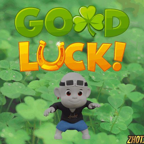 A small armored character stands amid clovers below bright “GOOD LUCK!” text.