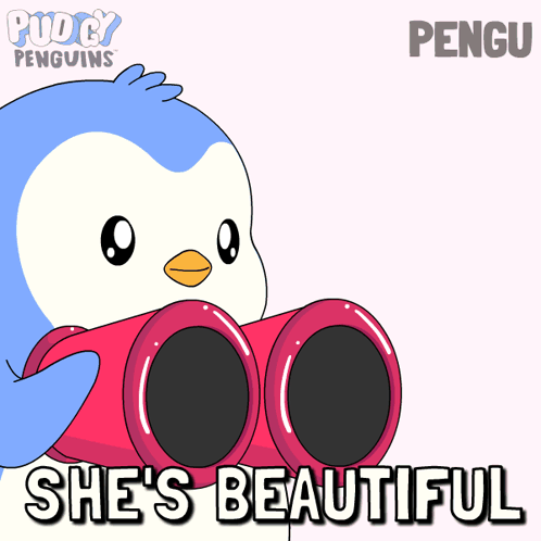 A blue cartoon penguin wears heart-shaped sunglasses beneath “SHE’S BEAUTIFUL.”