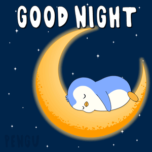 A small blue penguin sleeps curled on a crescent moon beneath “Good Night.”