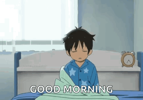 a boy is sitting in a bed with his eyes closed and the words `` good morning '' written on the bottom .