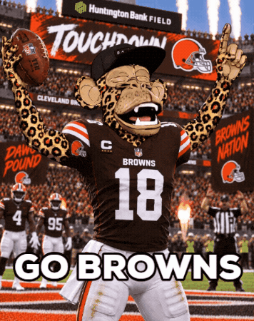 a browns mascot holding a football with the words go browns below him