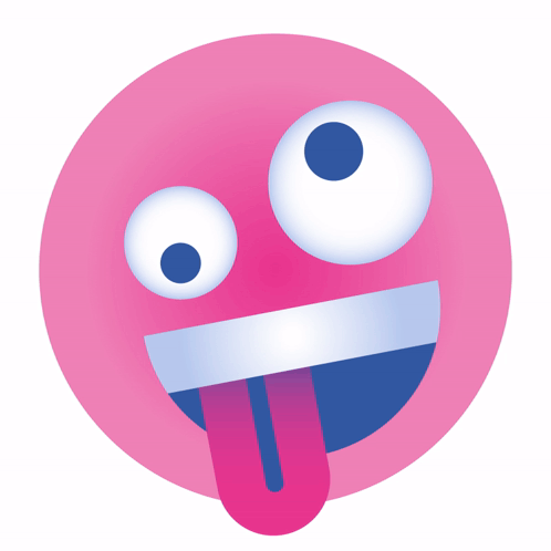 A pink emoji face stares with mismatched wide eyes and a crooked mouth.