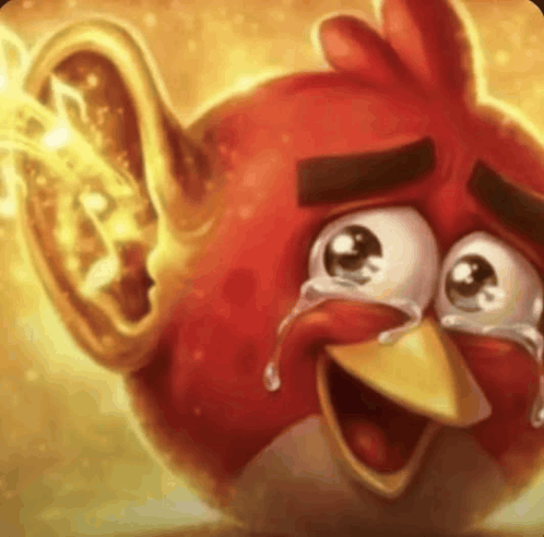 an angry bird is crying with tears coming out of its eyes