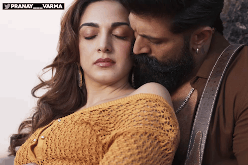 A man kisses a woman's neck as she closes her eyes.
