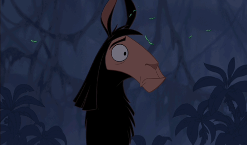 Kuzco in llama form glares suspiciously in a dark animated forest.