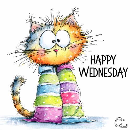 a happy wednesday greeting card with a cat wrapped in a striped blanket