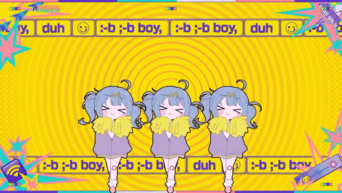 a cartoon of three girls dancing with the words boy duh and boy duh on a yellow background