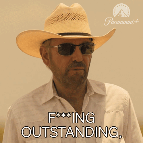 a man wearing a cowboy hat and sunglasses has the words f *** ing outstanding written below him