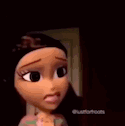 two cartoon dolls are standing next to each other in a dark room and looking at the camera .