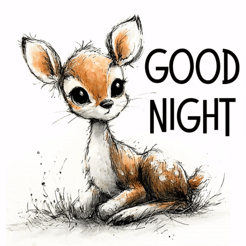 A small fawn sits beside bold “GOOD NIGHT” text.