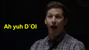 A surprised man in a dark room is captioned “Ah yuh D’OI”.