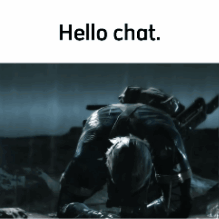 a picture of a man kneeling down with the words hello chat written above him