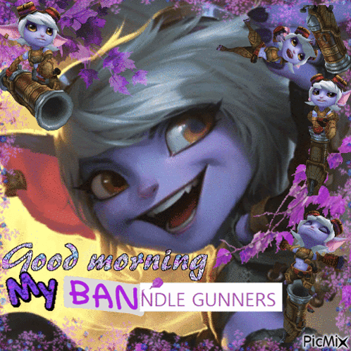 Tristana poses with a cannon in a purple “Good morning my Bandle Gunners” card.