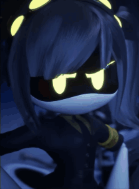 a close up of a cartoon character with the letter i on her face